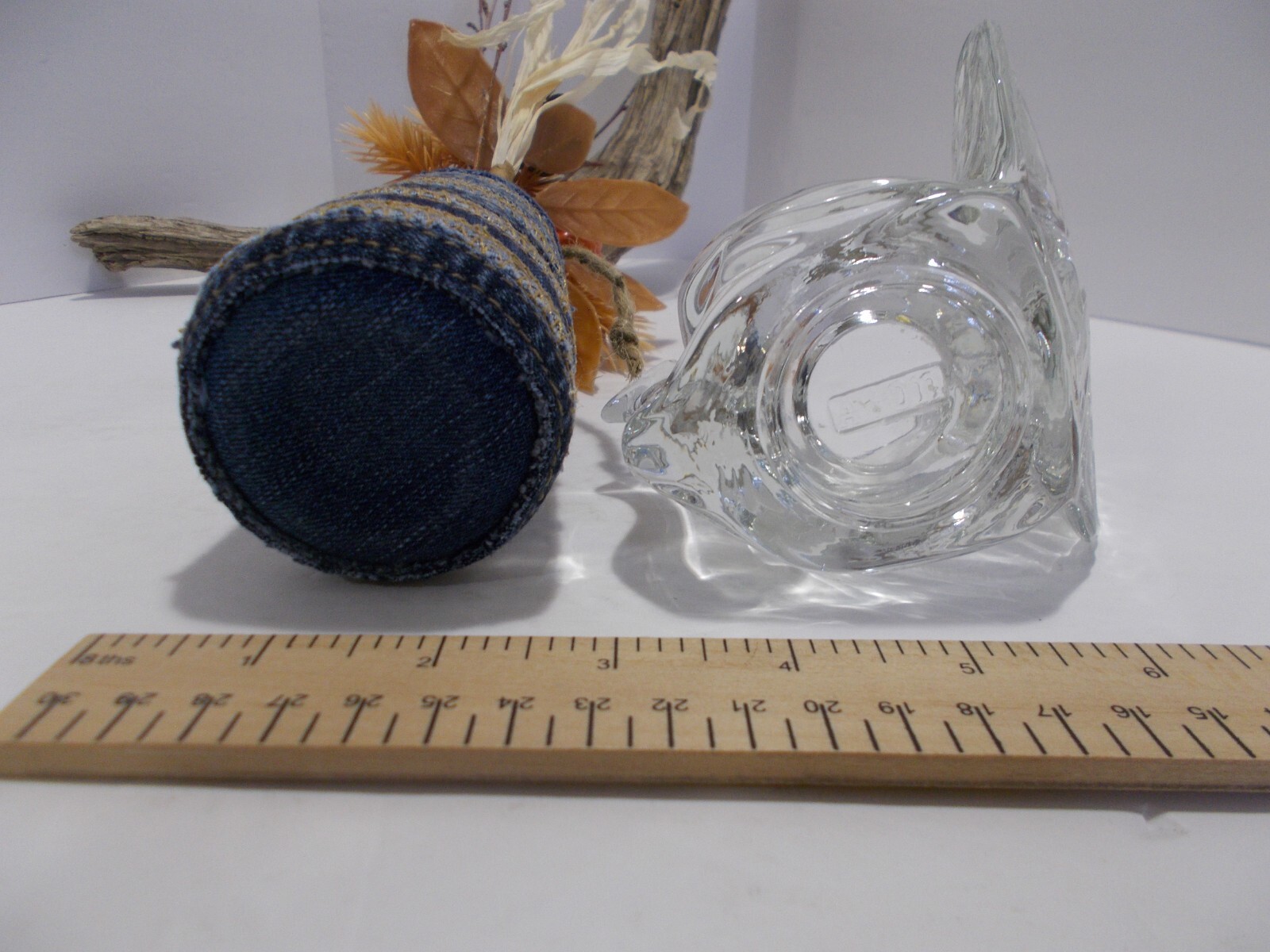 Recycled Denim Jeans Seams Vase w Denim Rose & Vtg. Glass Turkey Candle Holder