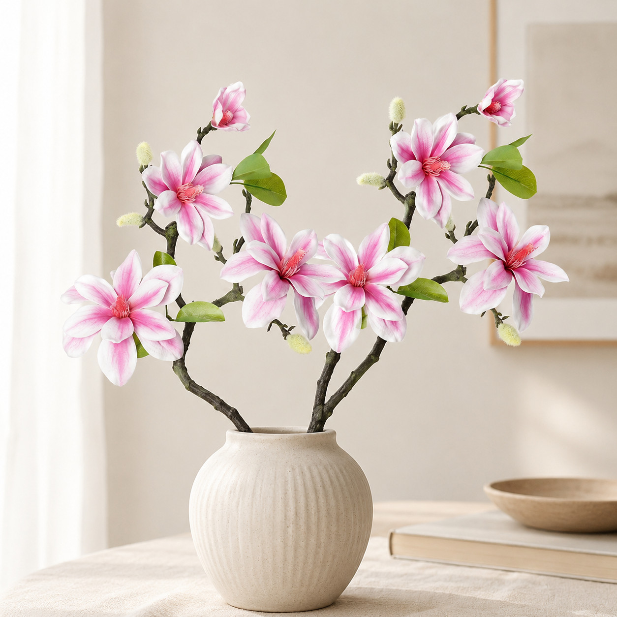 Set of 2 Artificial Magnolia Flower Stems Pink White Faux Floral Branches Home D