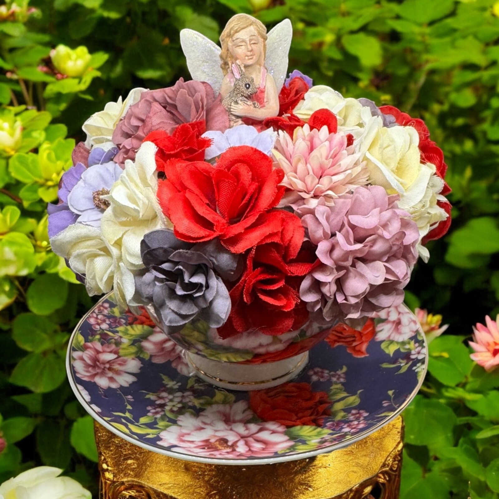 Tea Cup Flower Arrangement W/ Fairy, Shabby Chic Pink Red, Purple Flowers Roses