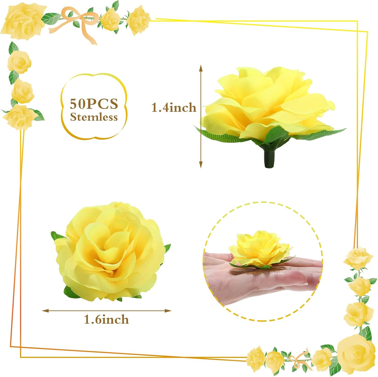 50pcs Mini Yellow Roses Buds Artificial Flowers Bulk, 1.6 Inch Small Silk Fak…