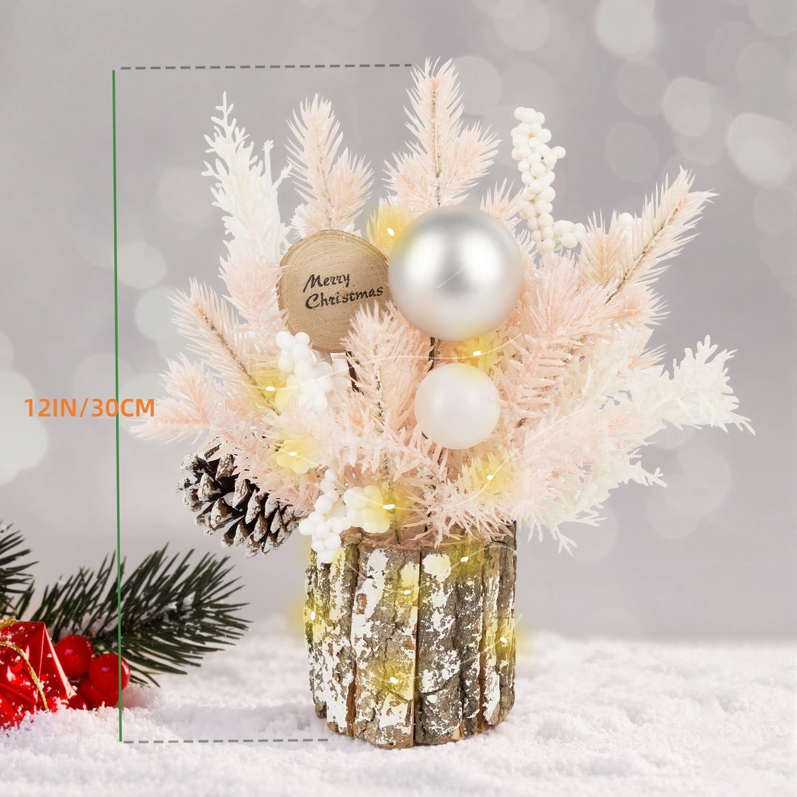 Pink 12 Inch Small Table Top Christmas Tree Lights Pine Cones Berries Decor