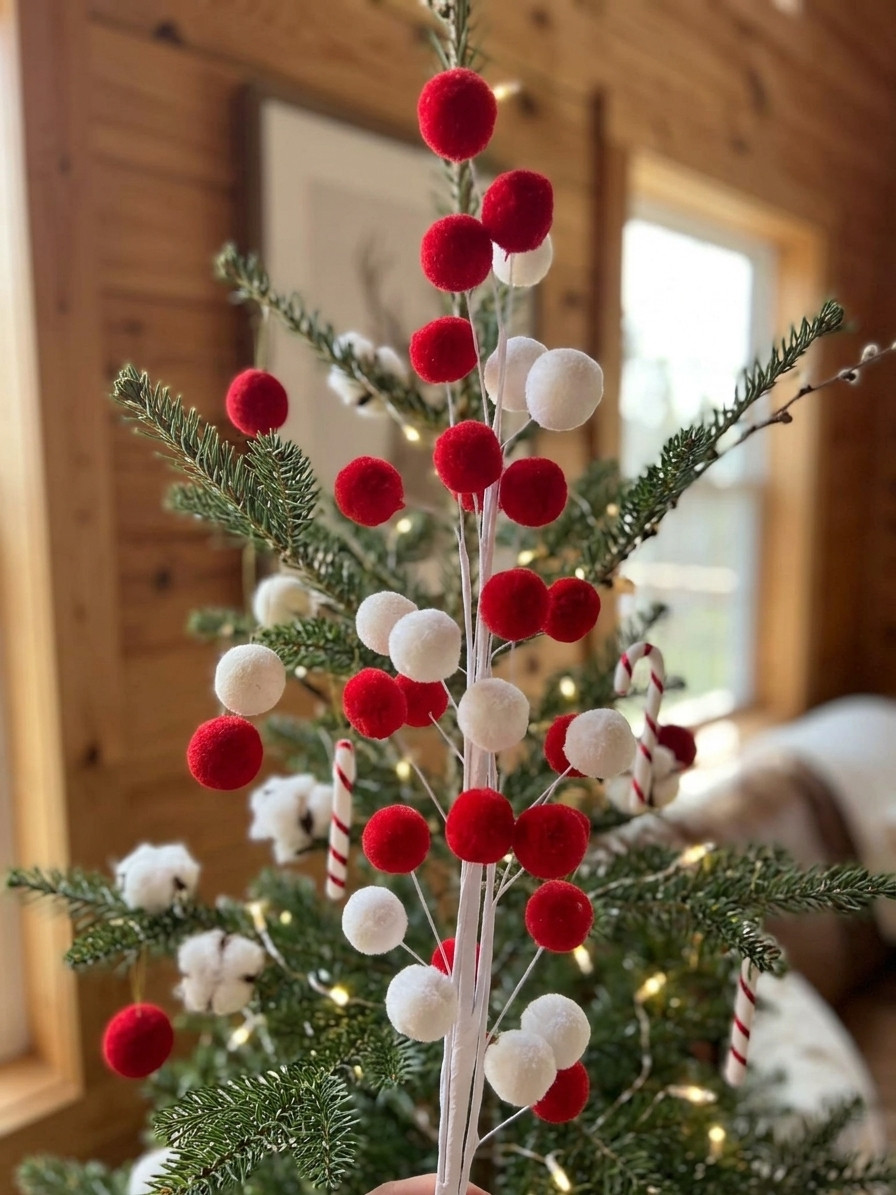 Extra Long 32-inch Red & White Pom Pom Spray – Festive Christmas Tree Decoration