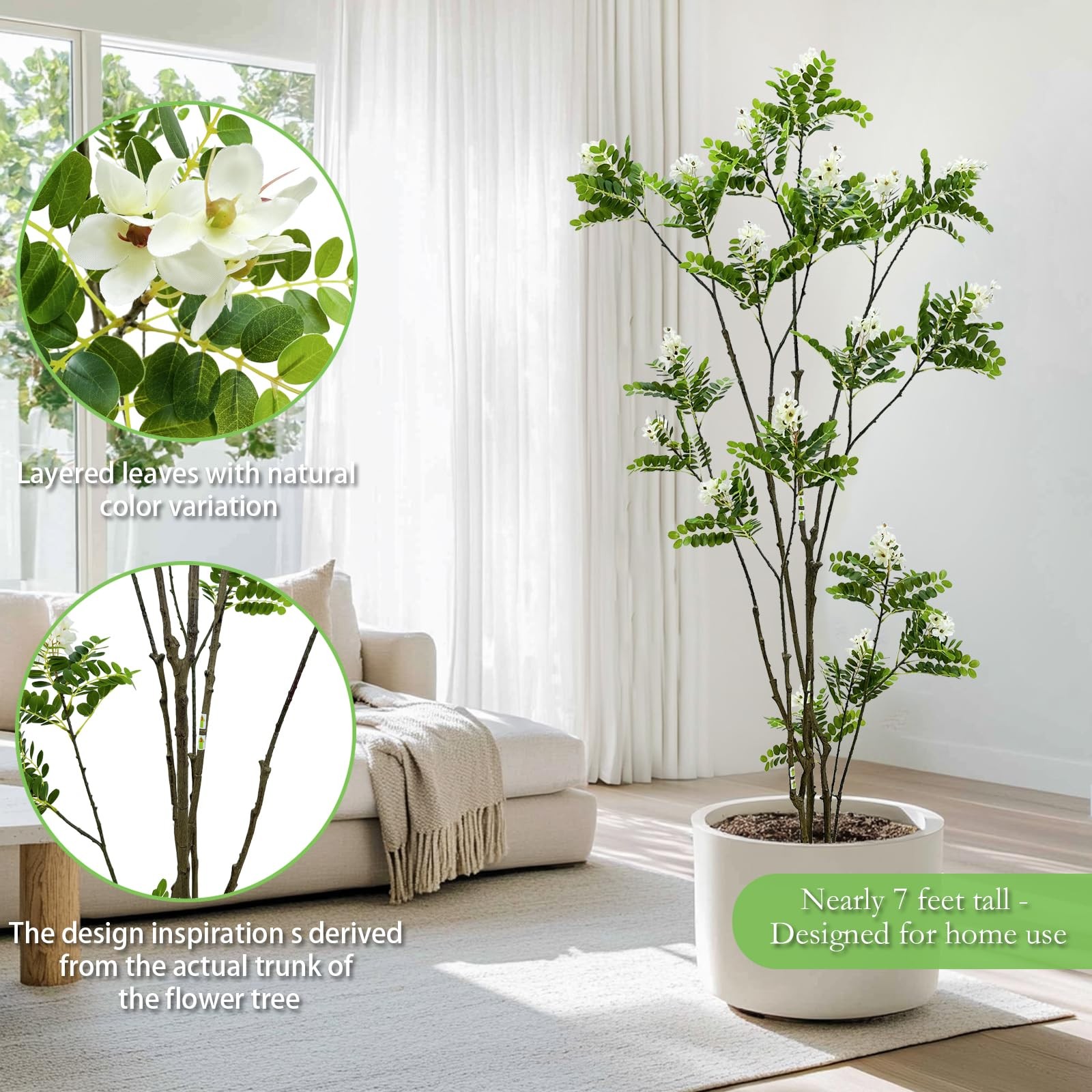 7FT False Acacia Tree, White Flower Plant Indoor Outdoor Decor