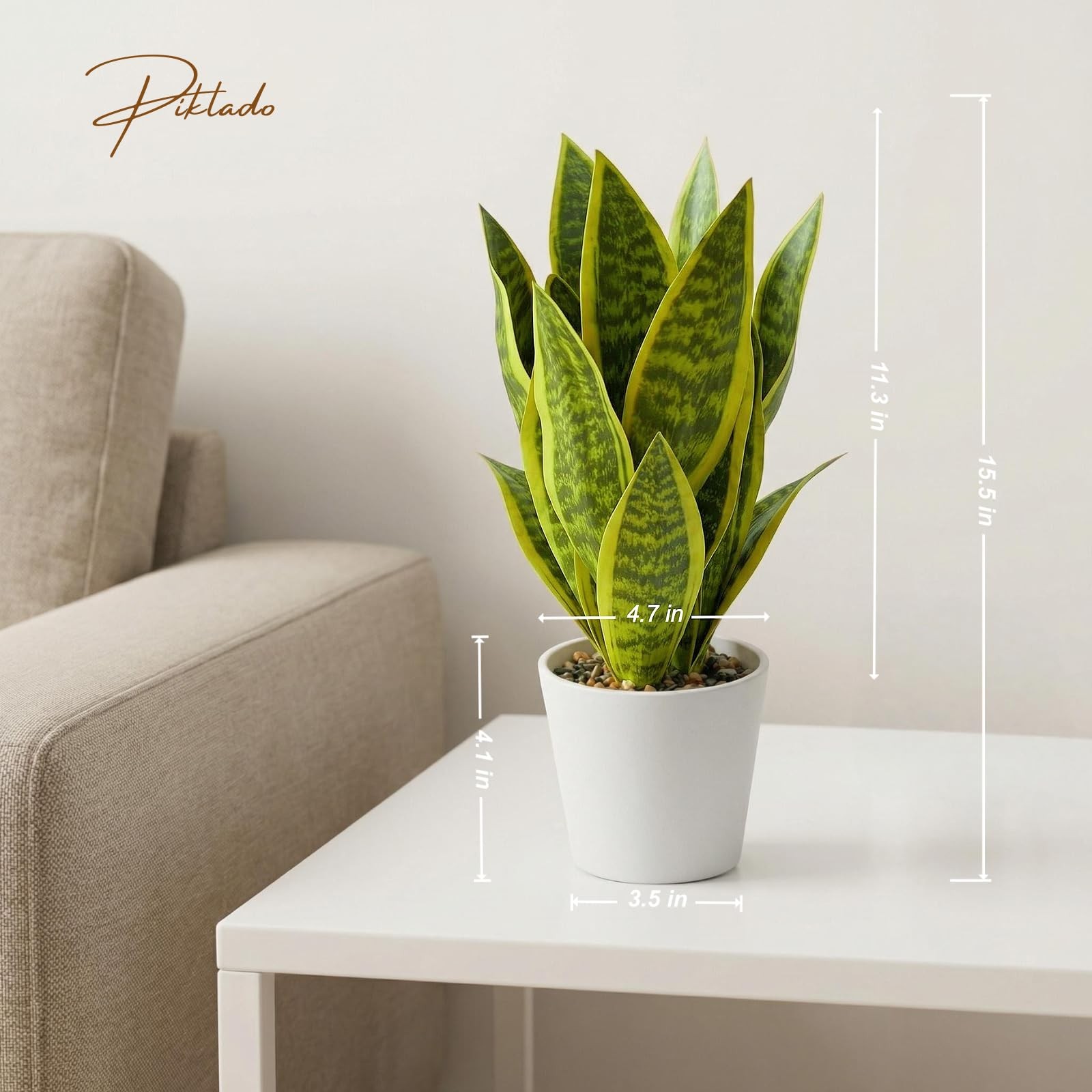 2 PCS 15.5 Inch Green Yellow Artificial Sansevieria Snake Plant White Pot