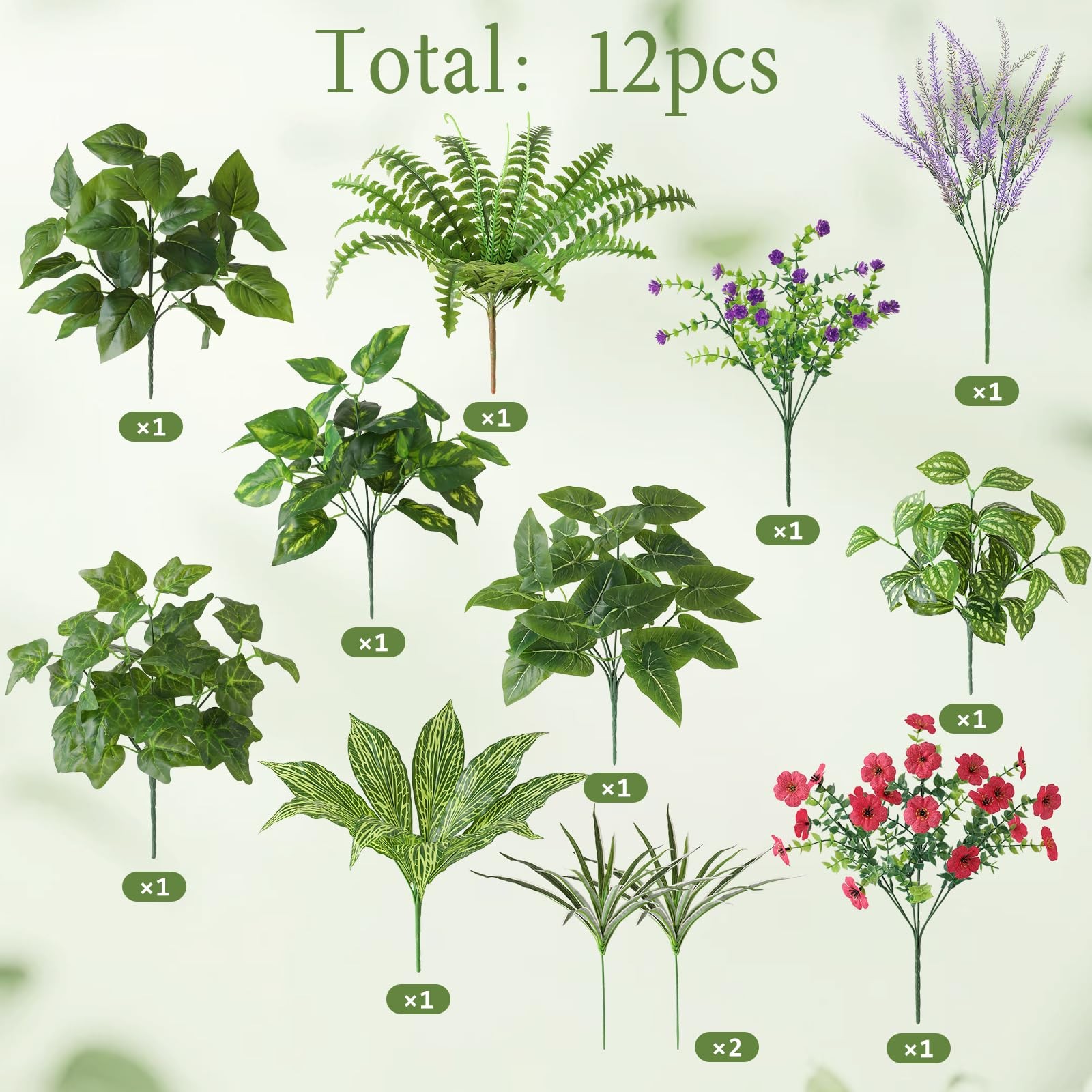 Best Pertivery Outdoor Faux Plants,12 Bouquets Artificial Plants UV Resistant