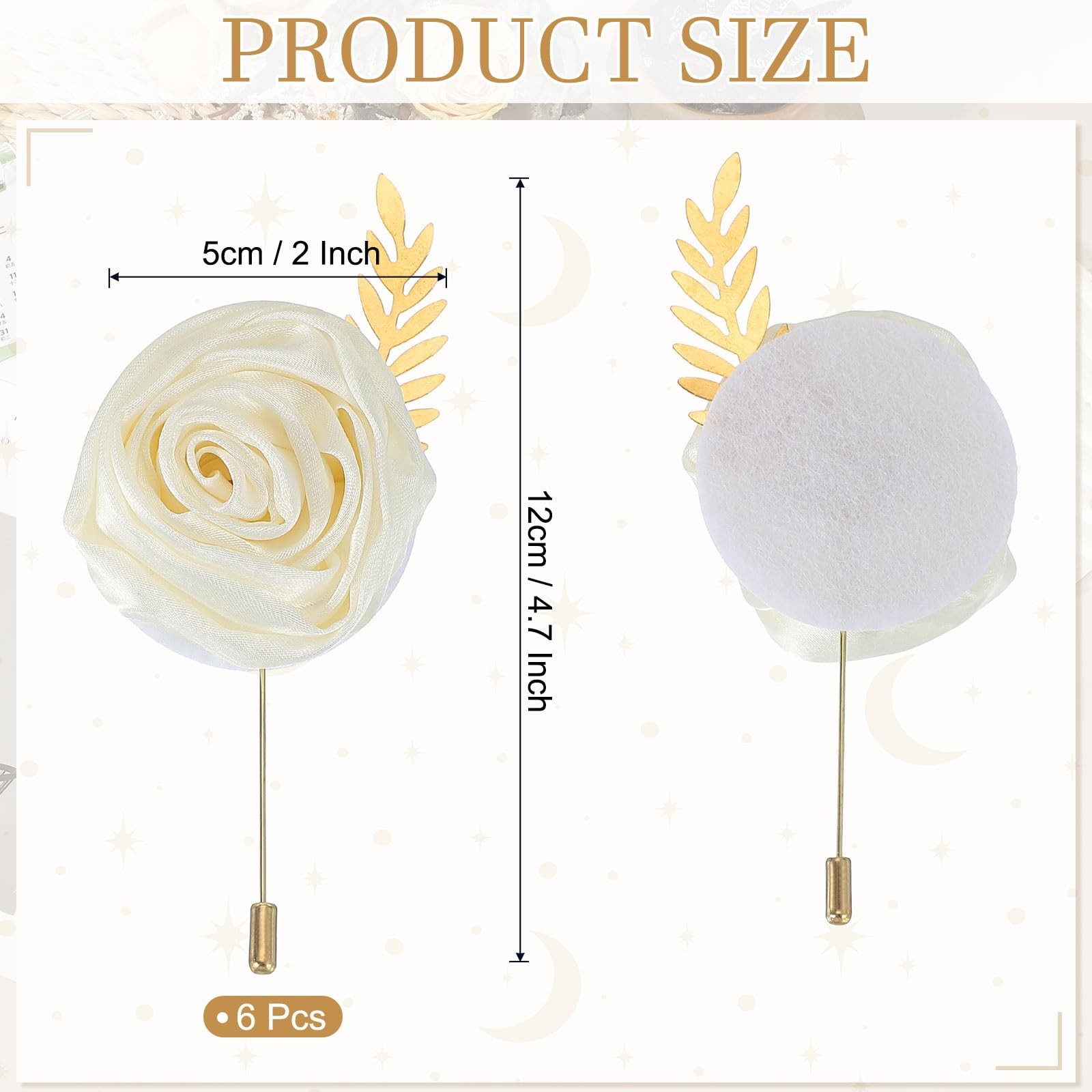6 PCS Groom Boutonnieres Rose Pins Men Wedding Cream 4.7×2 Inch Decor