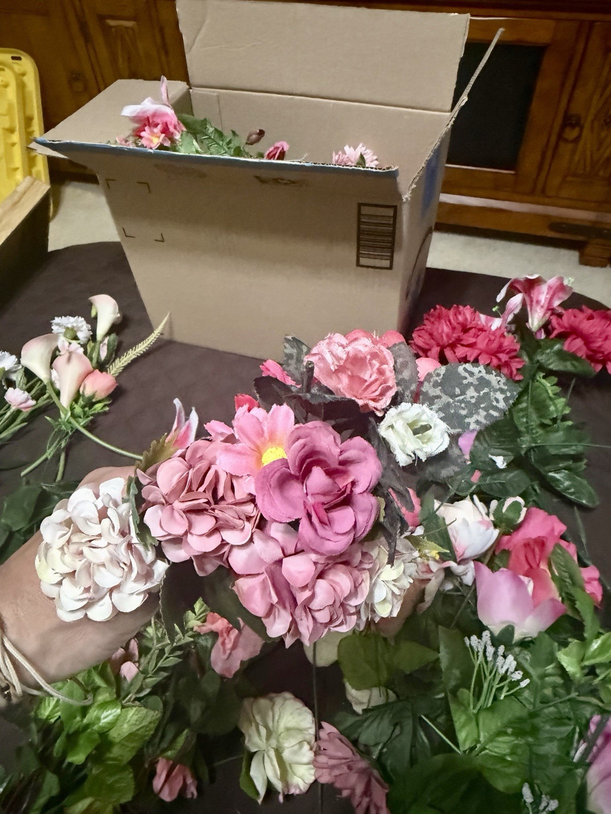 Large Lot / Box of Miscellaneous Artificial Silk Flowers – Pink Shades