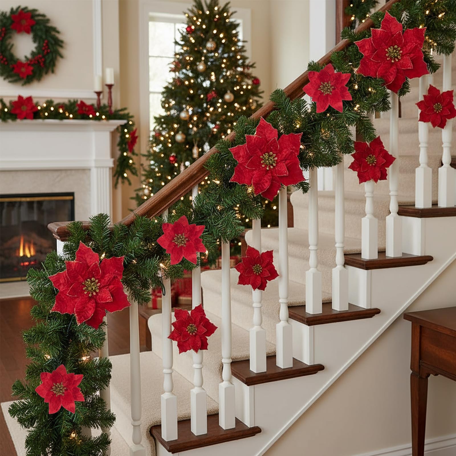 18 PCS 3 Size Velvet Glitter Christmas Poinsettia Flowers Artificial Clips Red