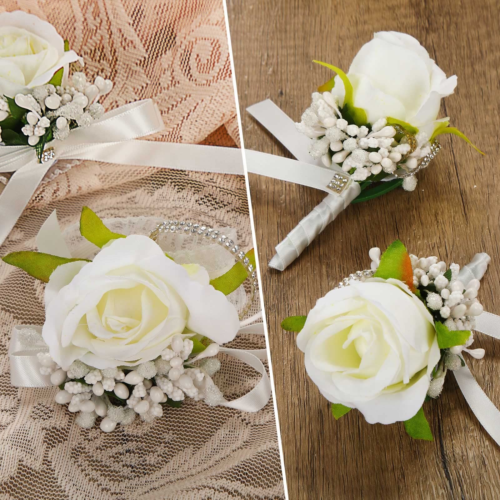 12 PCS Wedding White Corsage Boutonniere Set Bride Groomsmen Rose Prom