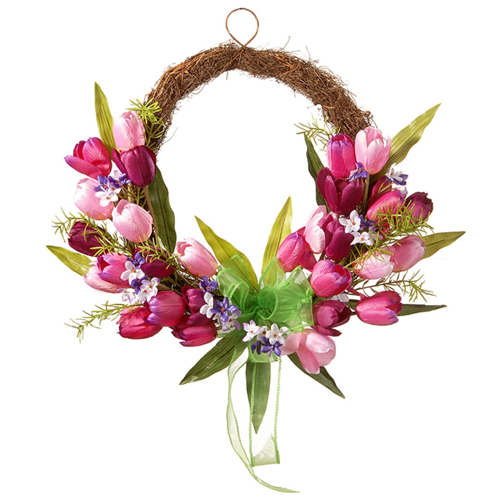 20 in. Spring Wreath with Pink and Purple Tulip Blooms, Green Ribbon, Leafy Gree