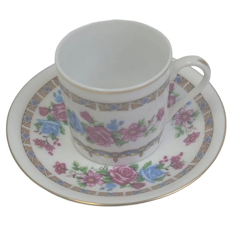 Vintage Made In China Ceramic Gold Rim Floral Pink Blue Rose Teacup Saucer Set