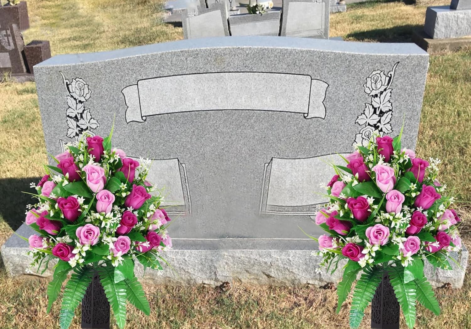 2 Sets Artificial Cemetery Flowers, Purple and Pink Realistic Roses Bouquet, …