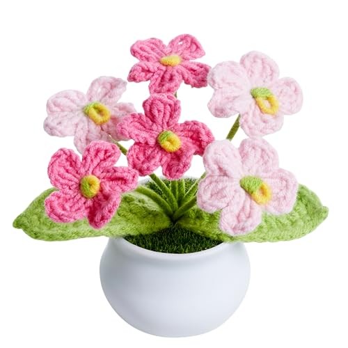 Crochet Flowers Pink Handmade Knitted Potted Flower Plants for Gradient Pink