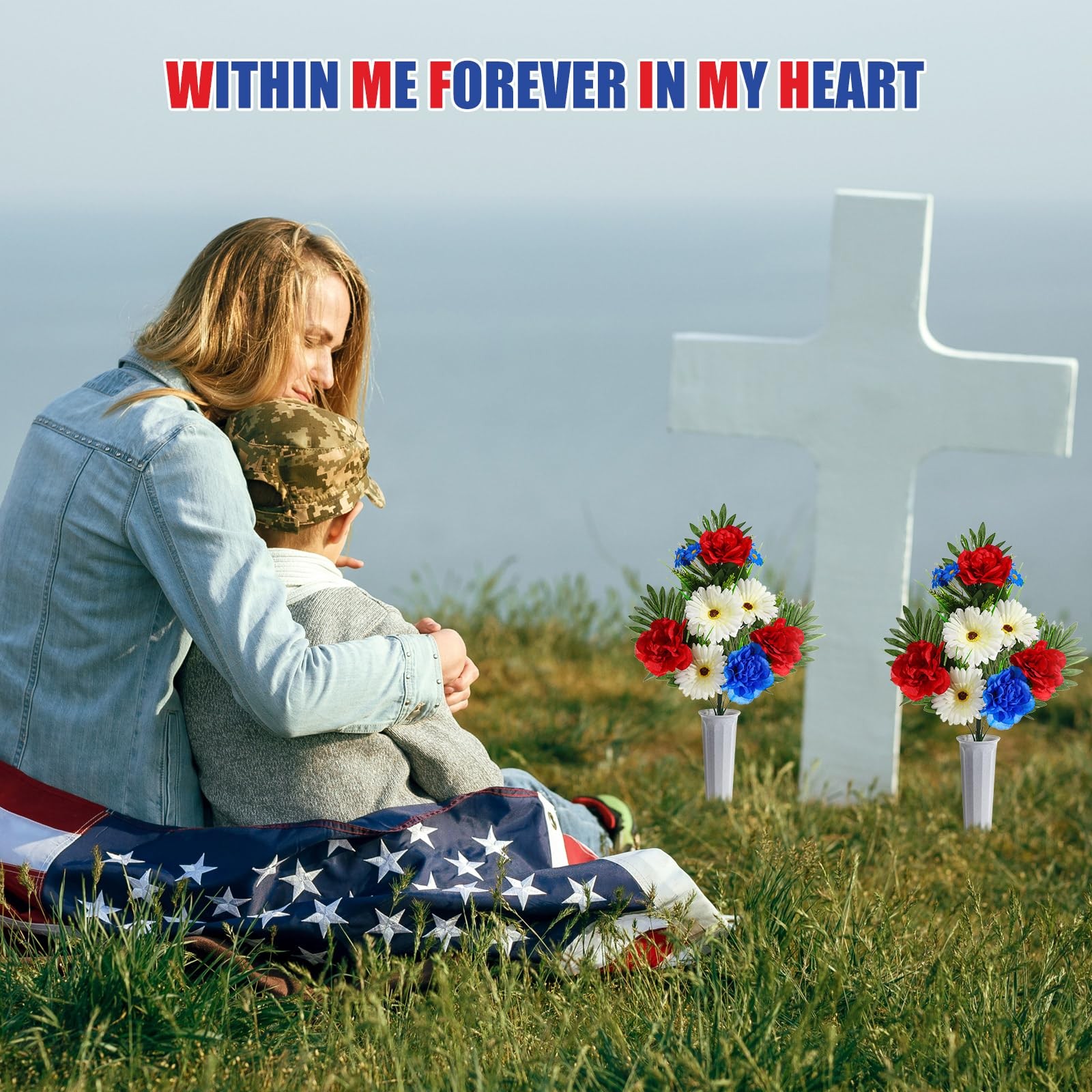 6 PCS Patriotic Memorial Red Blue White Artificial Flowers Bouquet With Vase