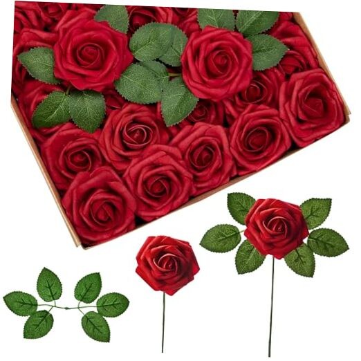 Artificial Flowers Pcs Foam Fake Roses Bulk with Stems for 50 Dark Red
