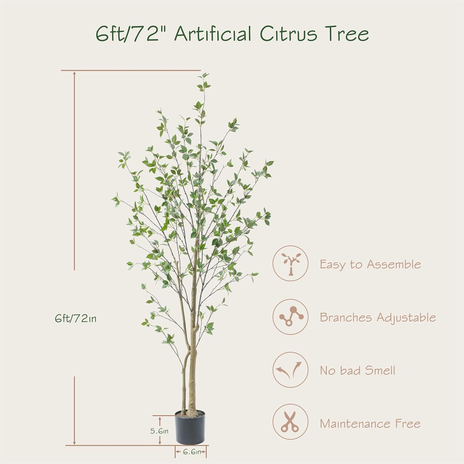 6ft Artificial Minimalist Citrus Tree W/ Lifelike Leaves 72in Faux Citrus Tree
