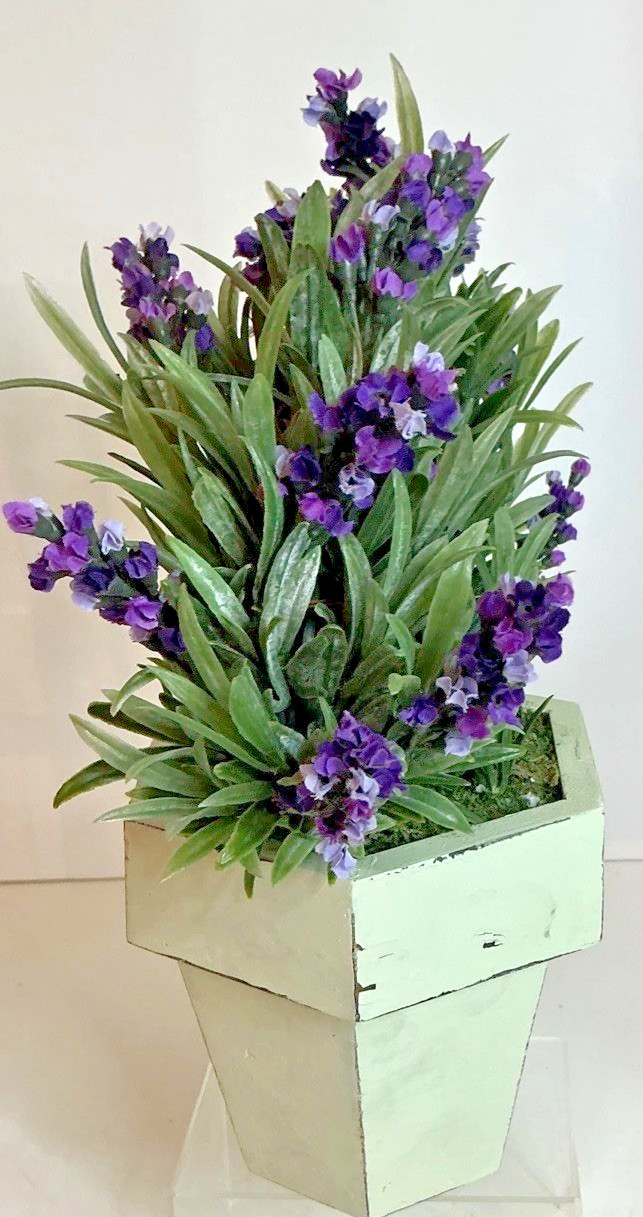 Artificial Lavender Topiary Plant 11×10 In White Wooden Pot Farmhouse Decor