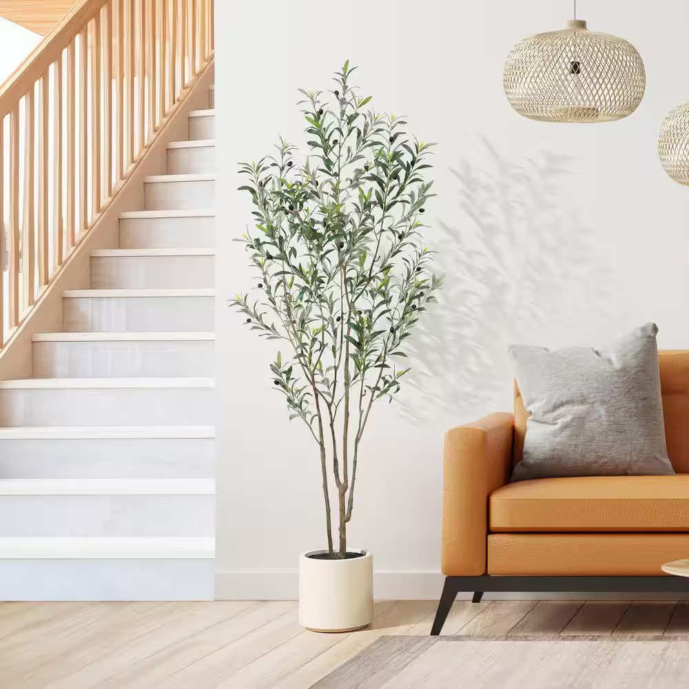 7 Ft. Artificial Olive Tree with White Planter, Large Faux Olive Silk Tree for I