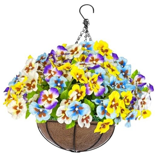 Pansies Fake Hanging Plants Pansy Flowers & Basket for Outdoor Outside