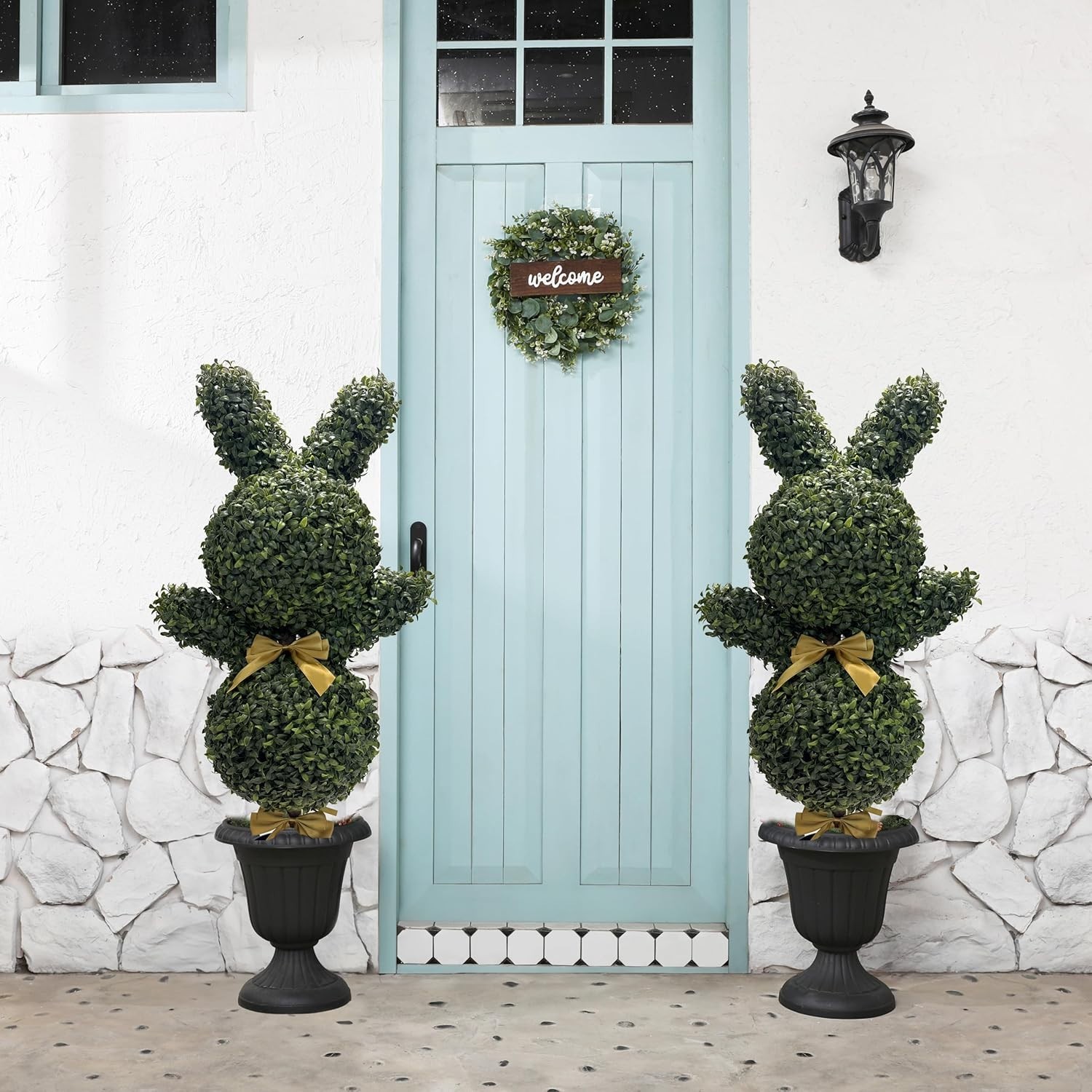 36” Artificial Bunny-Shaped Topiary Double Ball Tree Pot UV-Resistant Bowknot
