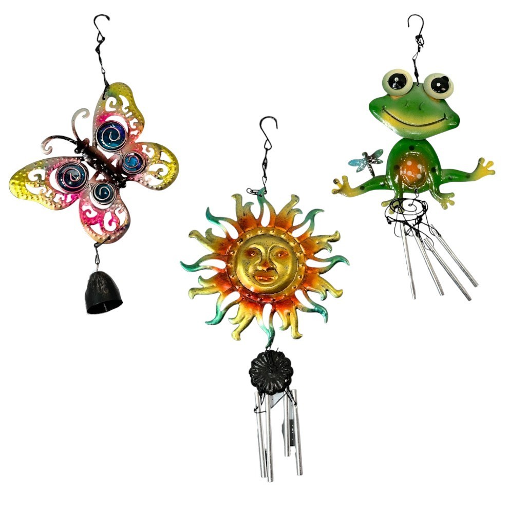 Butterfly, Frog, & Sun Decorative Hanging Outdoor Indoor Metal Chimes Lot of 3