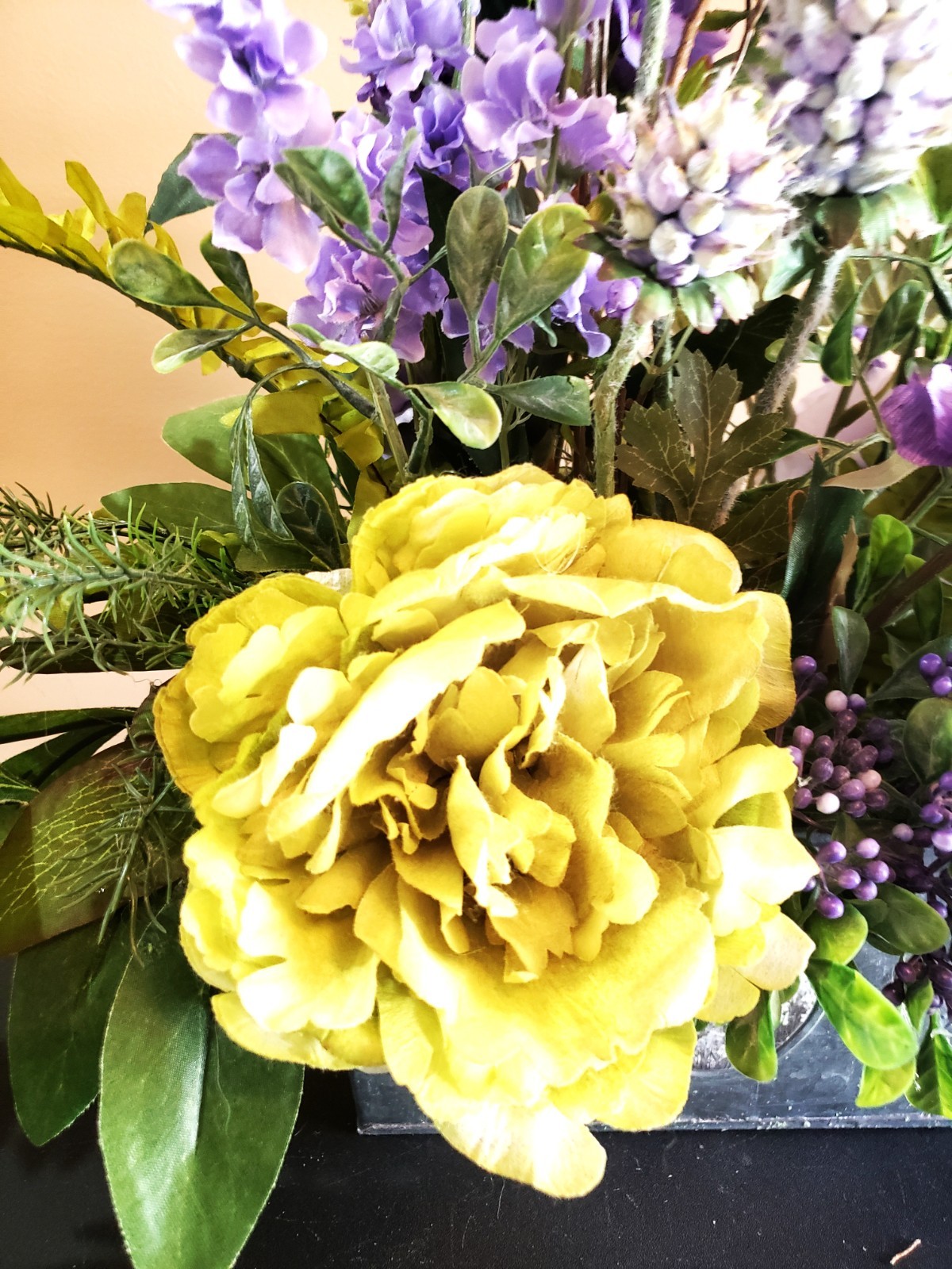 Purple & Lavender Lilac Arrangement in Oblong Silver Container – Peony, Scabiosa
