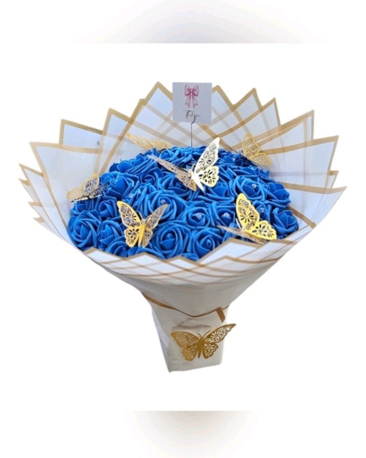 Artificial Blue Rose Bouquet Gold Butterfly Accents 50 countes