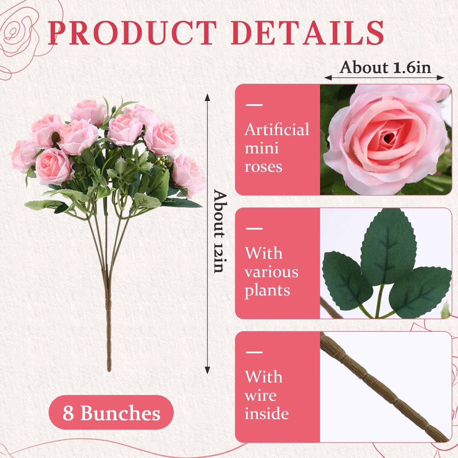 8 Pack 12 Inch Wedding Bouquets for Bride Bridesmaid Red Artificial Rose Bouq…
