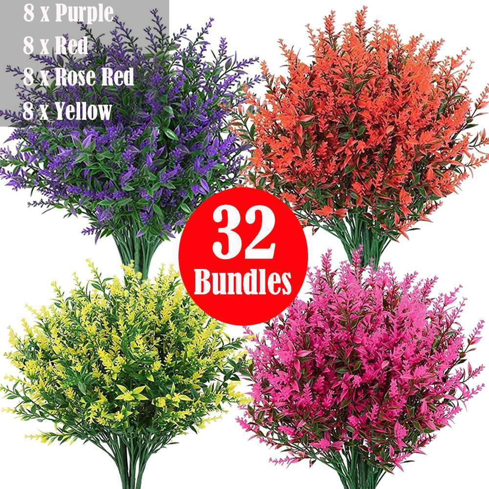 32 Bundles Outdoor Artificial Lavender Fake Flowers UV Resistant Shrubs Plants