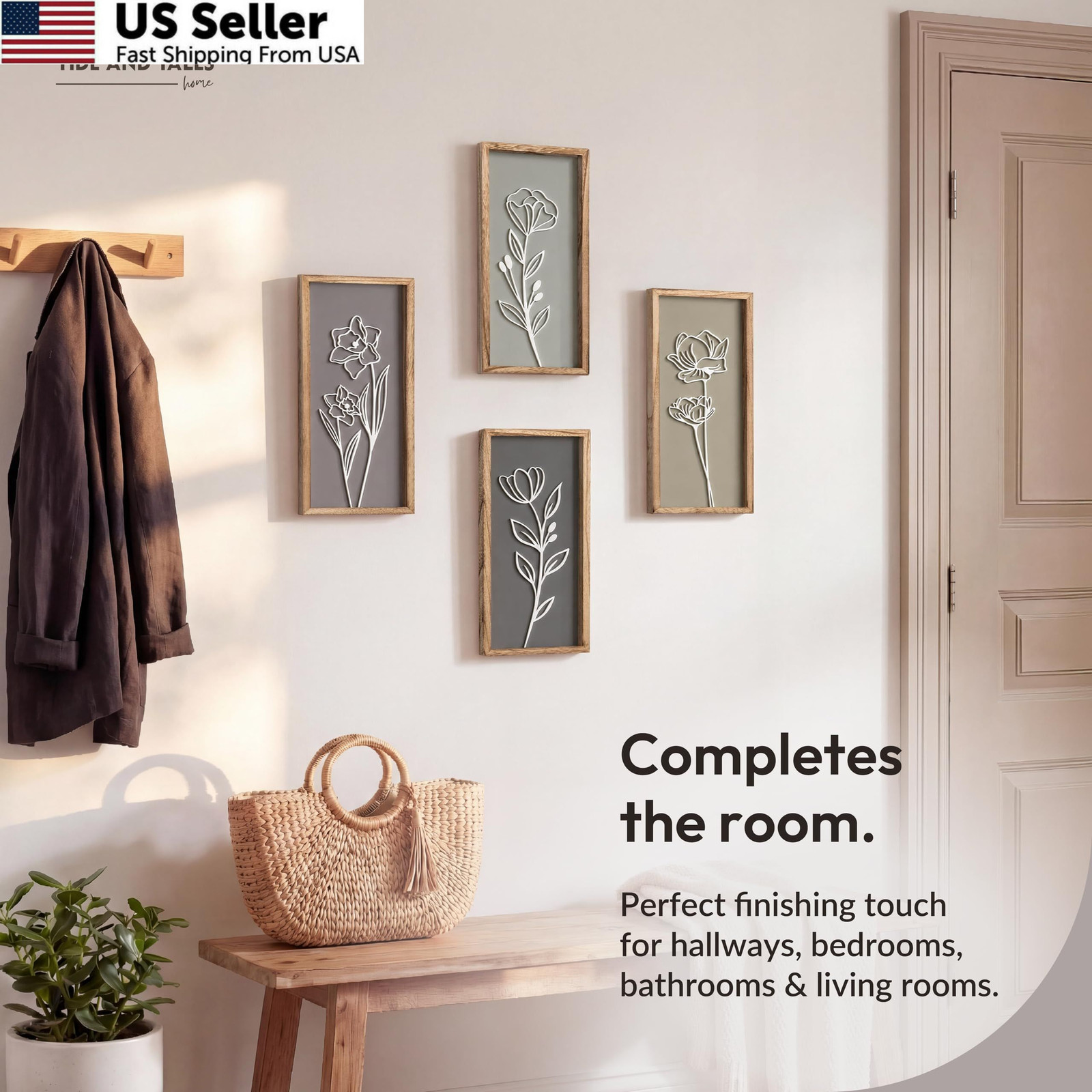 3D Wooden Floral Bathroom Wall Decor (Set of 4) 7″ x 16″, Naturals