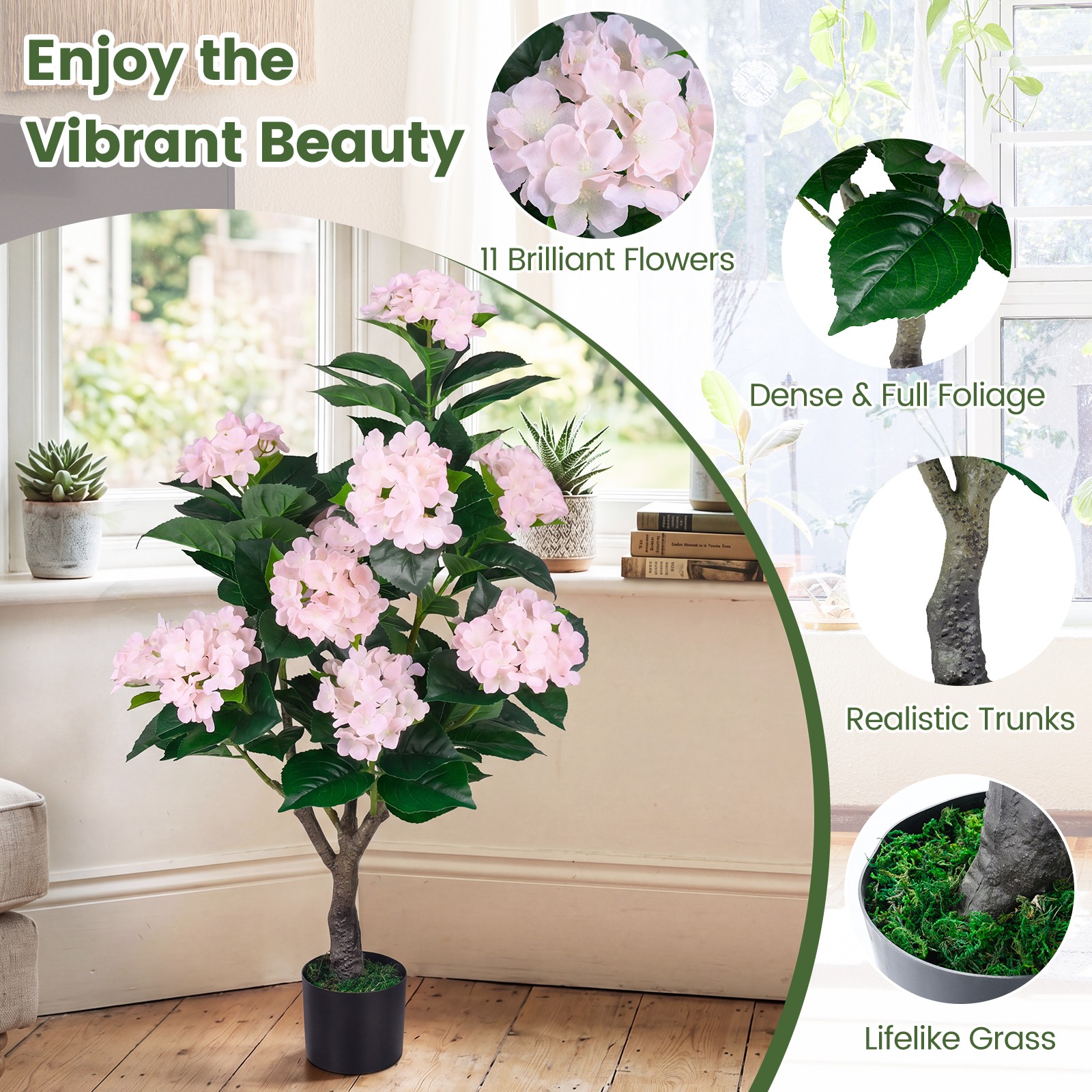 2-Pack Artificial Hydrangea Tree, 43.5″ Faux Flower Plants with 11 Blooms&Trunk