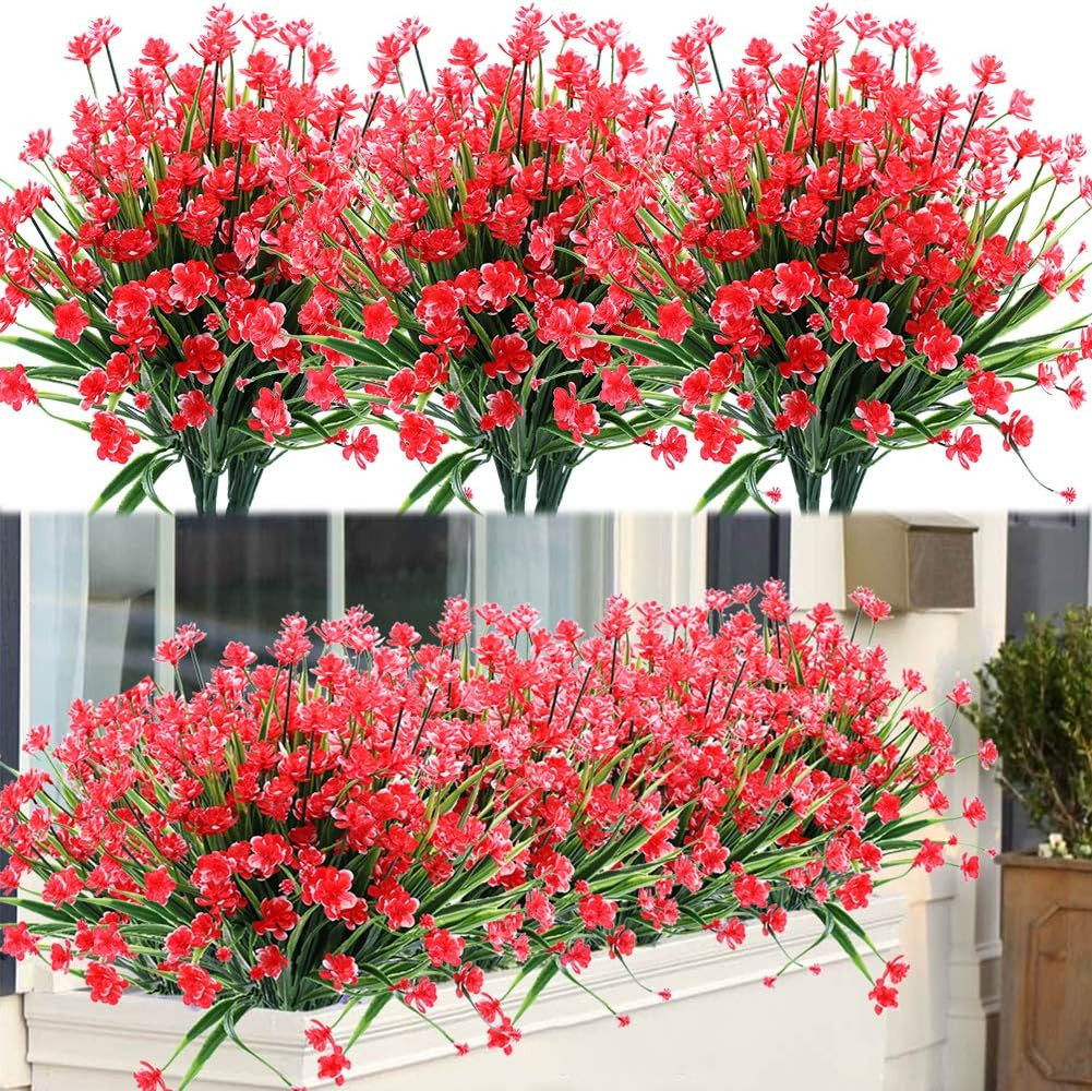 8 Bundles Outdoor Artificial Fake Flowers UV Resistant Shrubs Plants, Faux Plast