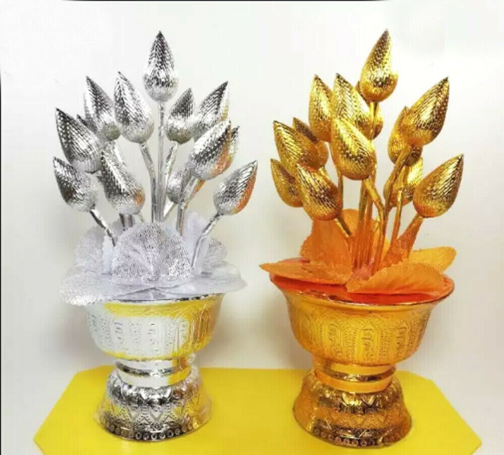 Thai Buddha Worship Phan Dhog Silver&Gold Lotus Offering Pedestal Small 2Pcs DHL