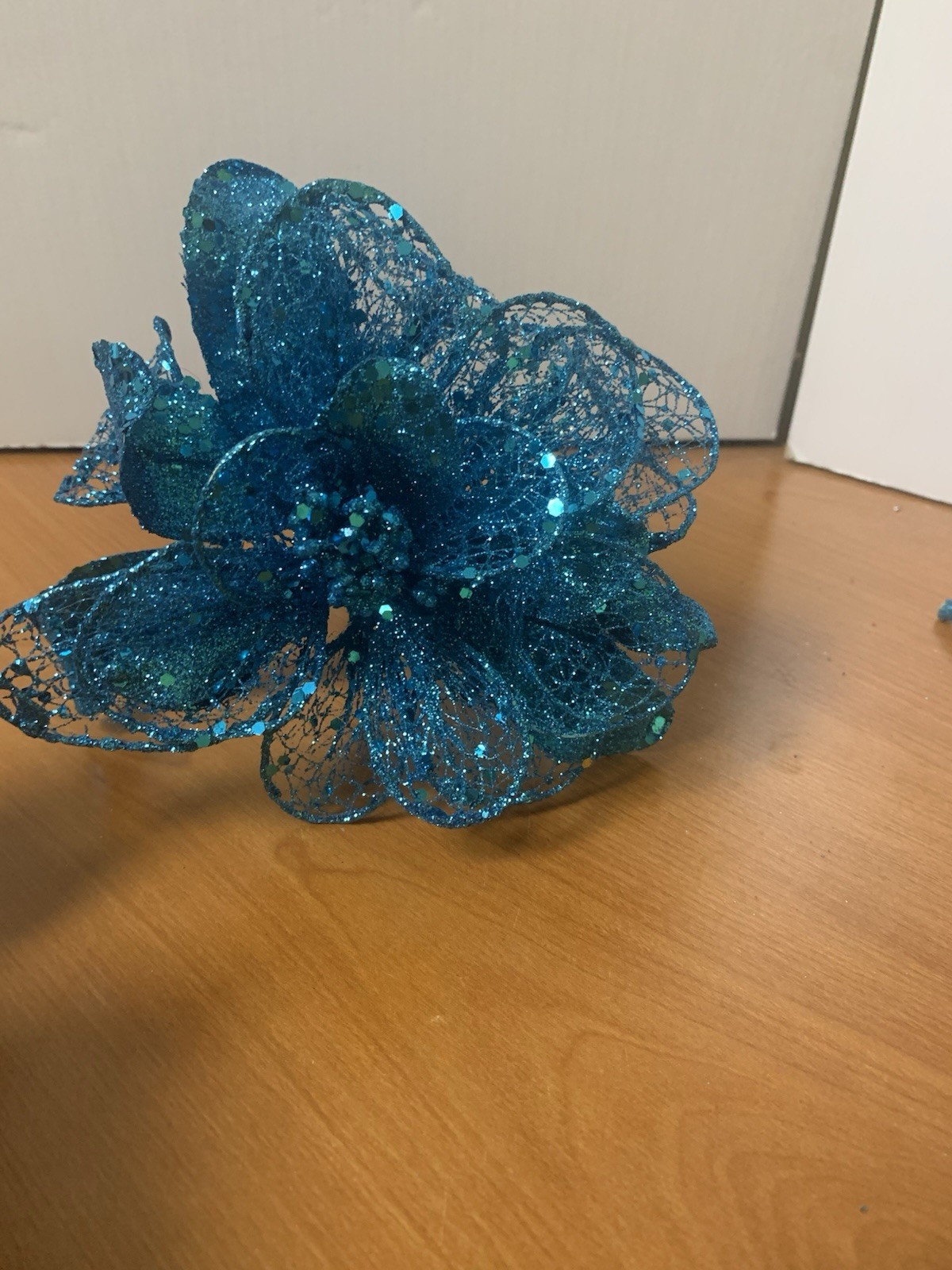 Lot Of 3 Glittered Turquoise Floral Stems 10” X 6”