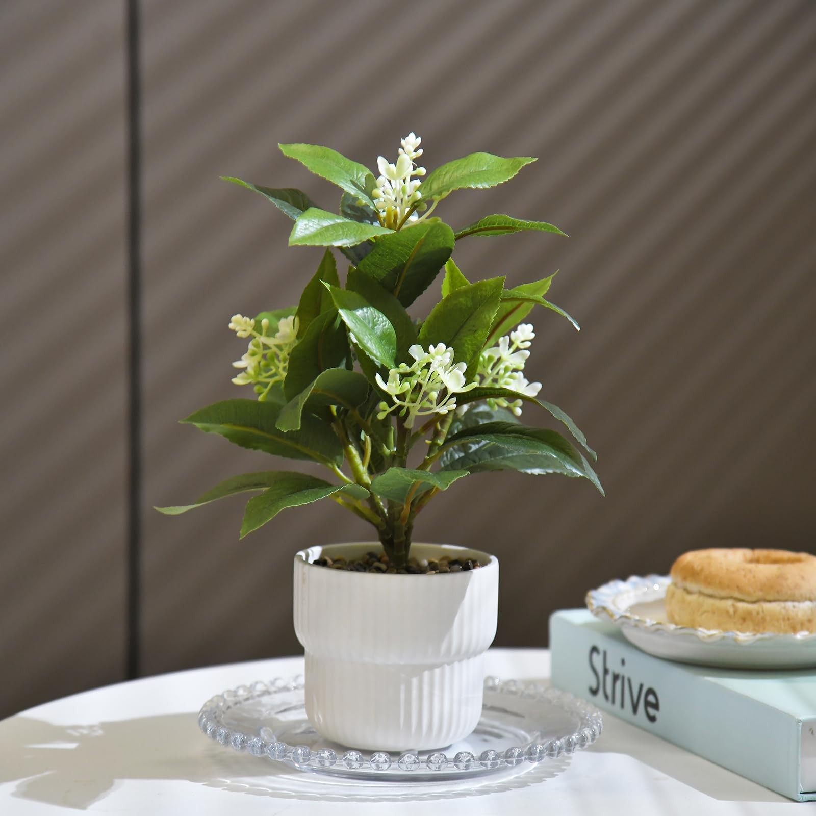 Artificial Potted Plant with White Ceramic Pot Fake Foliage and Flowers for I…