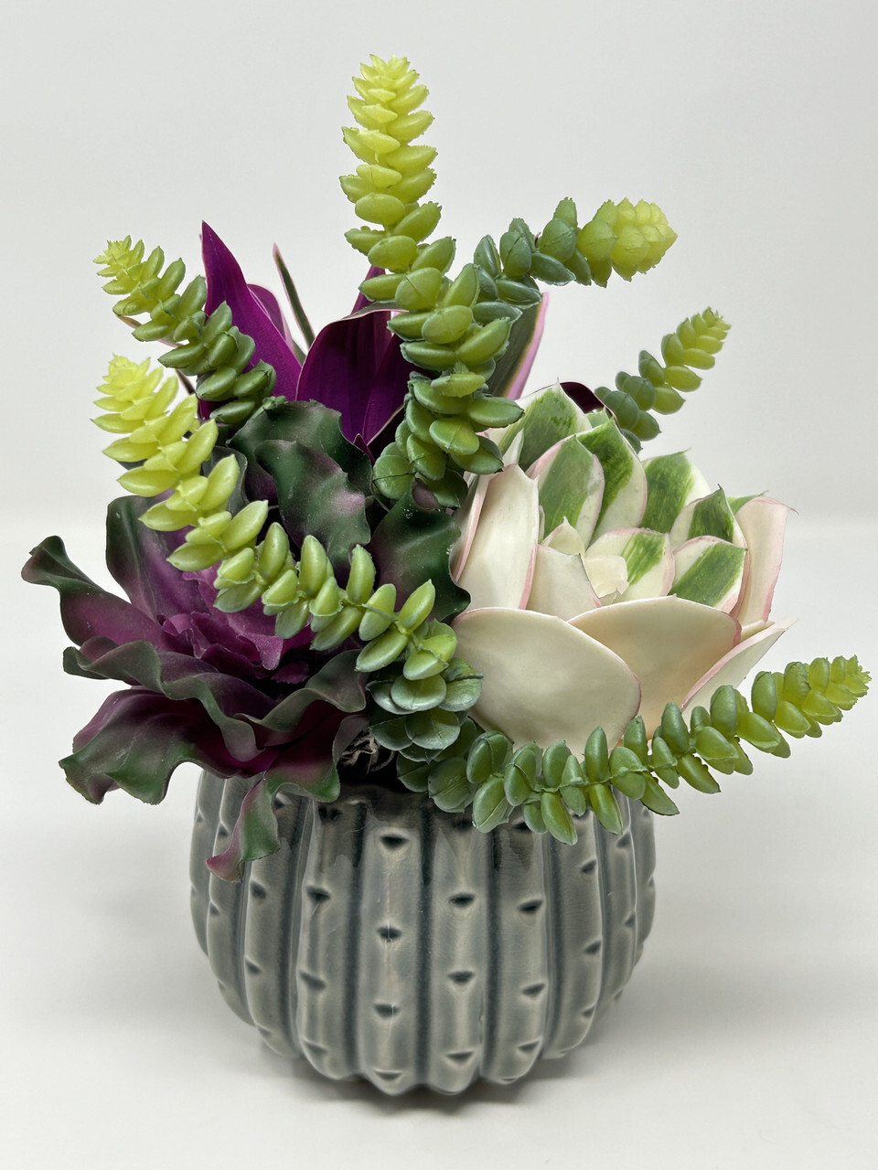 10″ Artificial Purple & White mixed Succulent Garden #11, 5″ Gray Ceramic Plant