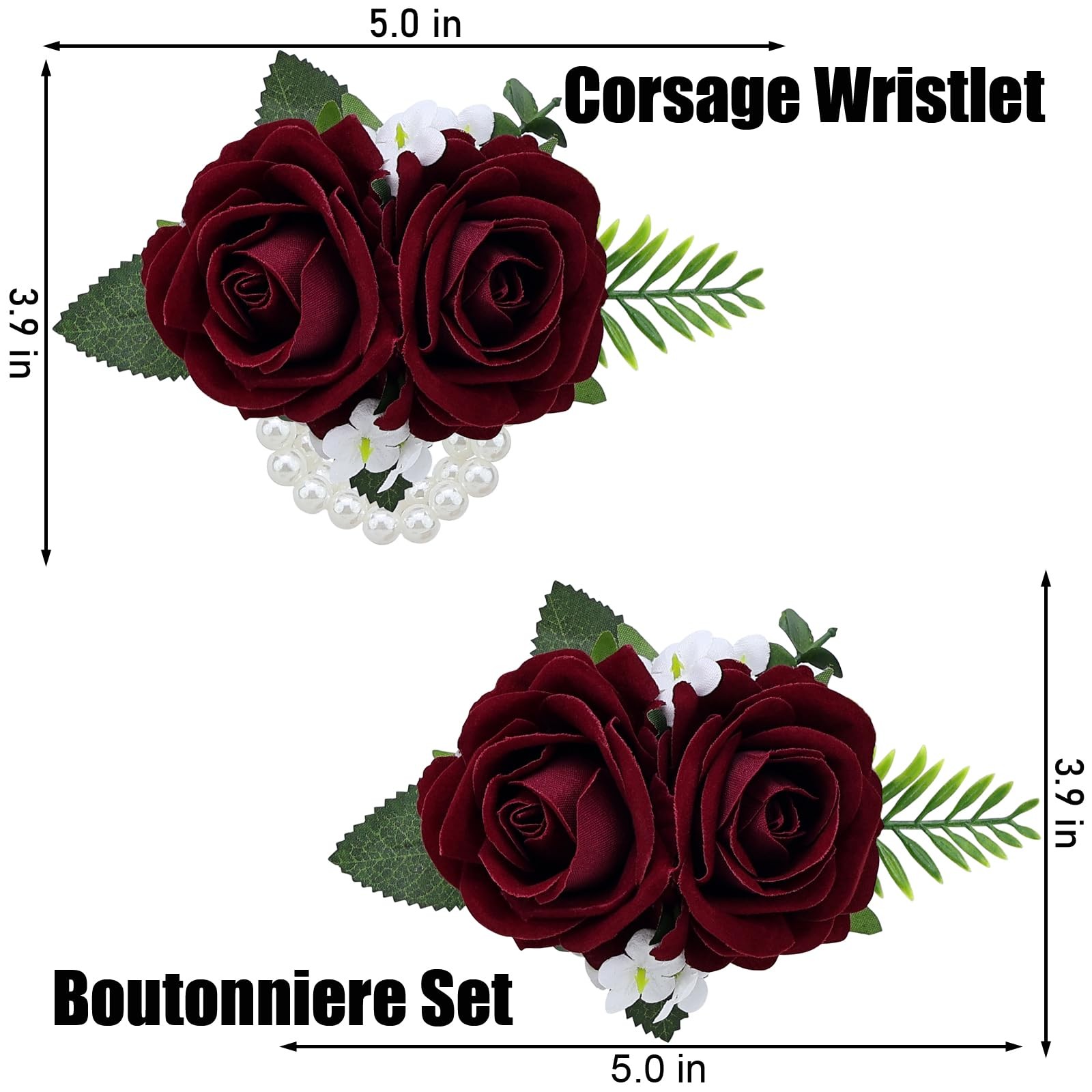 2 PCS Burgundy Rose Wrist Corsage Wristlet Band Men Boutonniere Set Wedding