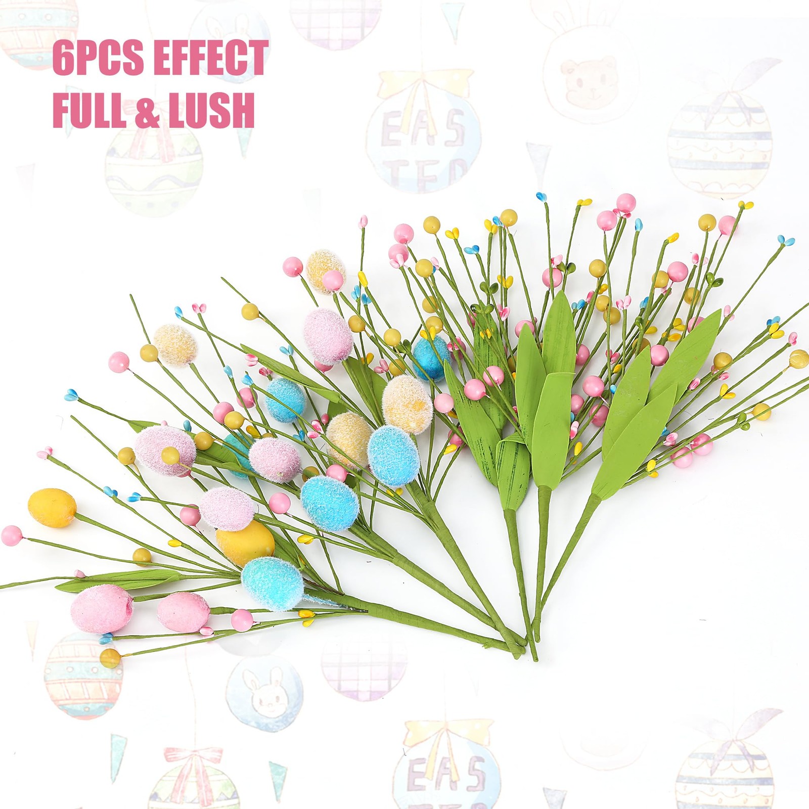 Artificial Easter Stems 6 Pcs Spring Egg Picks with Colorful Eggs Berries Gre…