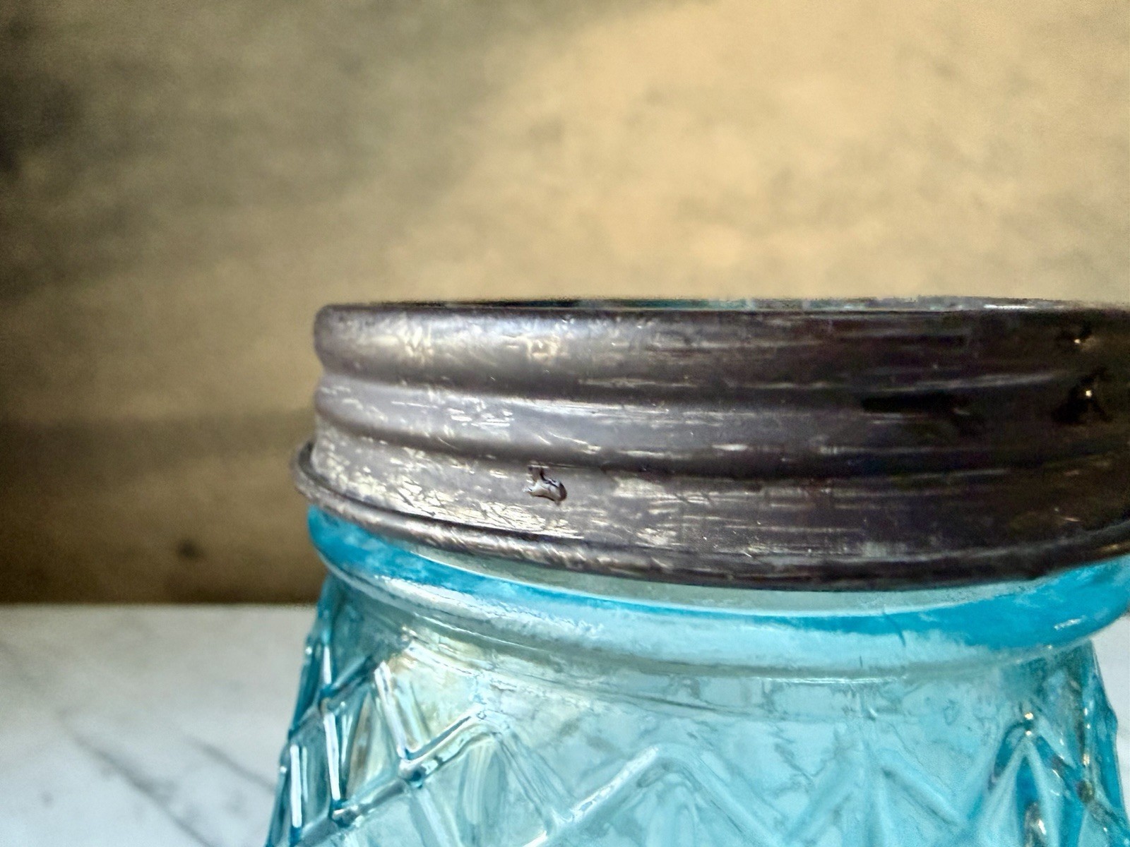 Vintage Style Blue Glass Flower Jar with Galvanized Floral Grid Lid, 5.4″