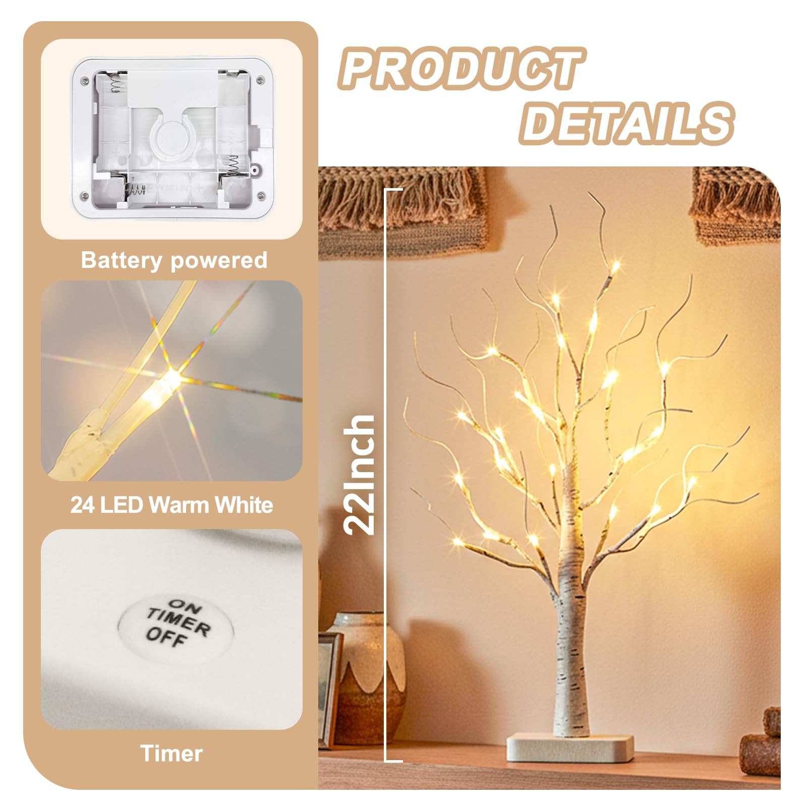 “Birch Tree LED Lights Battery Operated Mini Decor for Christmas Table