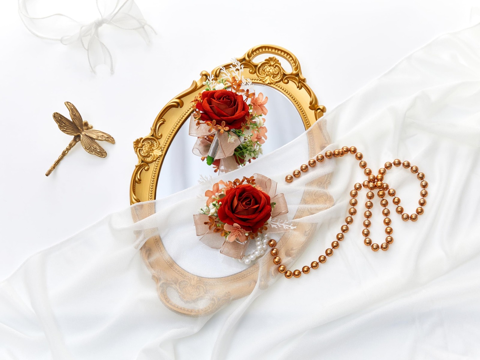 2 pcs Wrist Corsage and Boutonniere Set, Orange Rose Wrist Corsage Wristlet B…