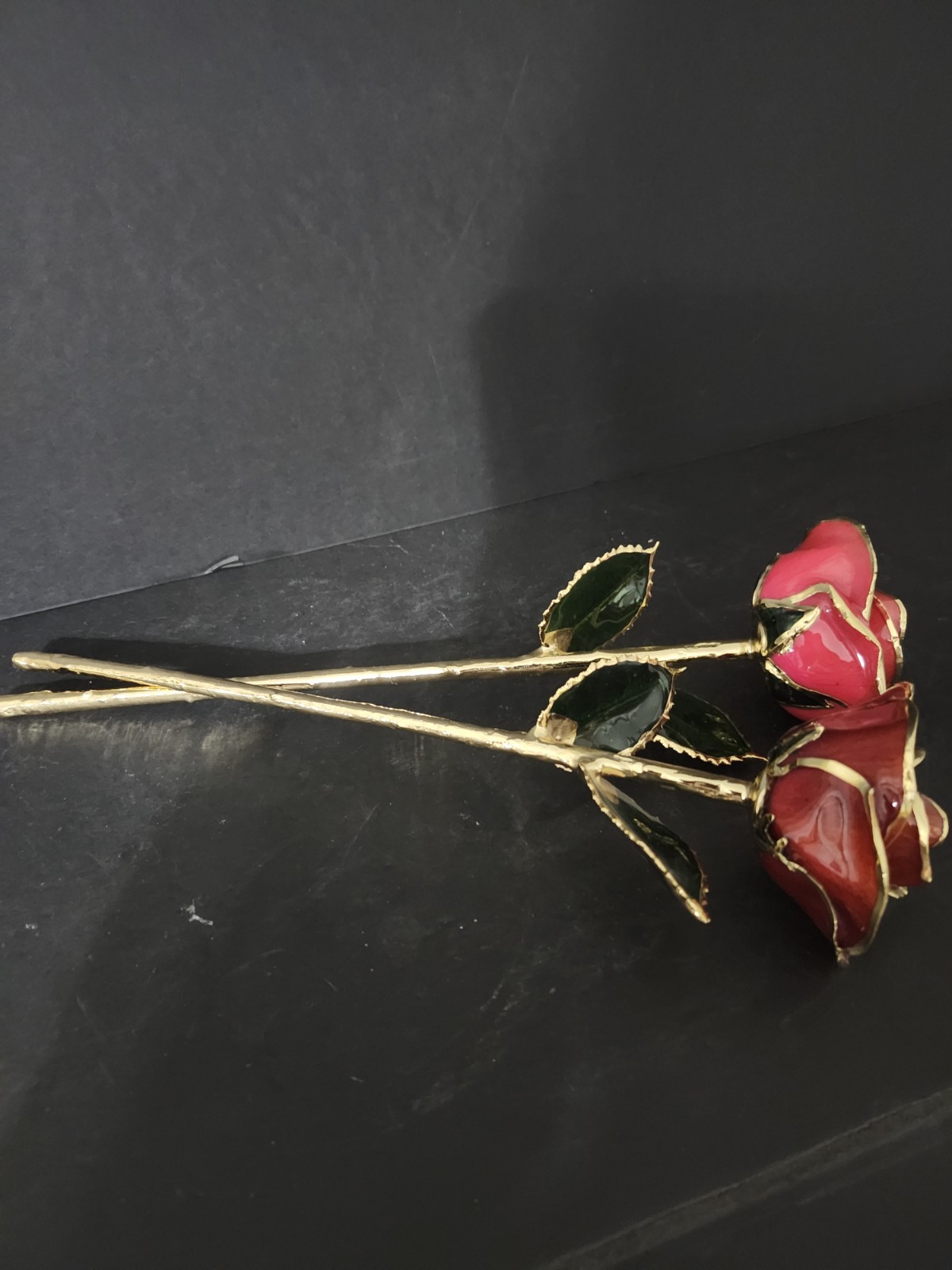 Red ToneRose Preserved in Lacquer with 24k Gold Plating on Petals,Stem Set Of 2