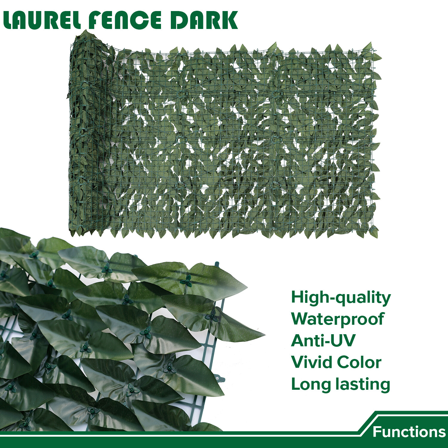 39″x156″ Artificial Dark Faux Laurel Leaves Privacy Fence Screen w/ Mesh Backing