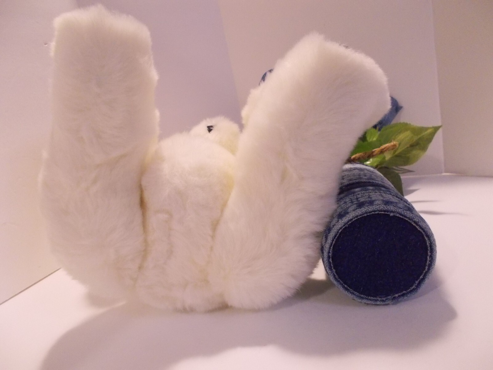 Handcrafted Denim 6 Rose Bouquet in Denim Seams Vase w Teddy Bear Upcycled Denim