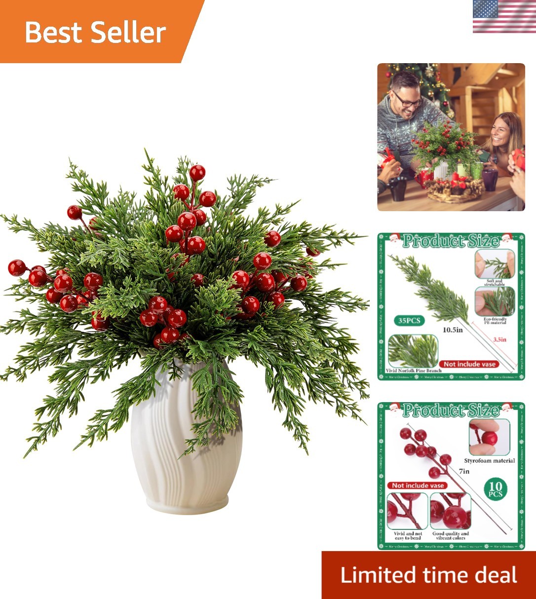 45 Pcs Christmas Artificial Pine Branches with Red Berry Stems, 10.5″ Faux Ev…