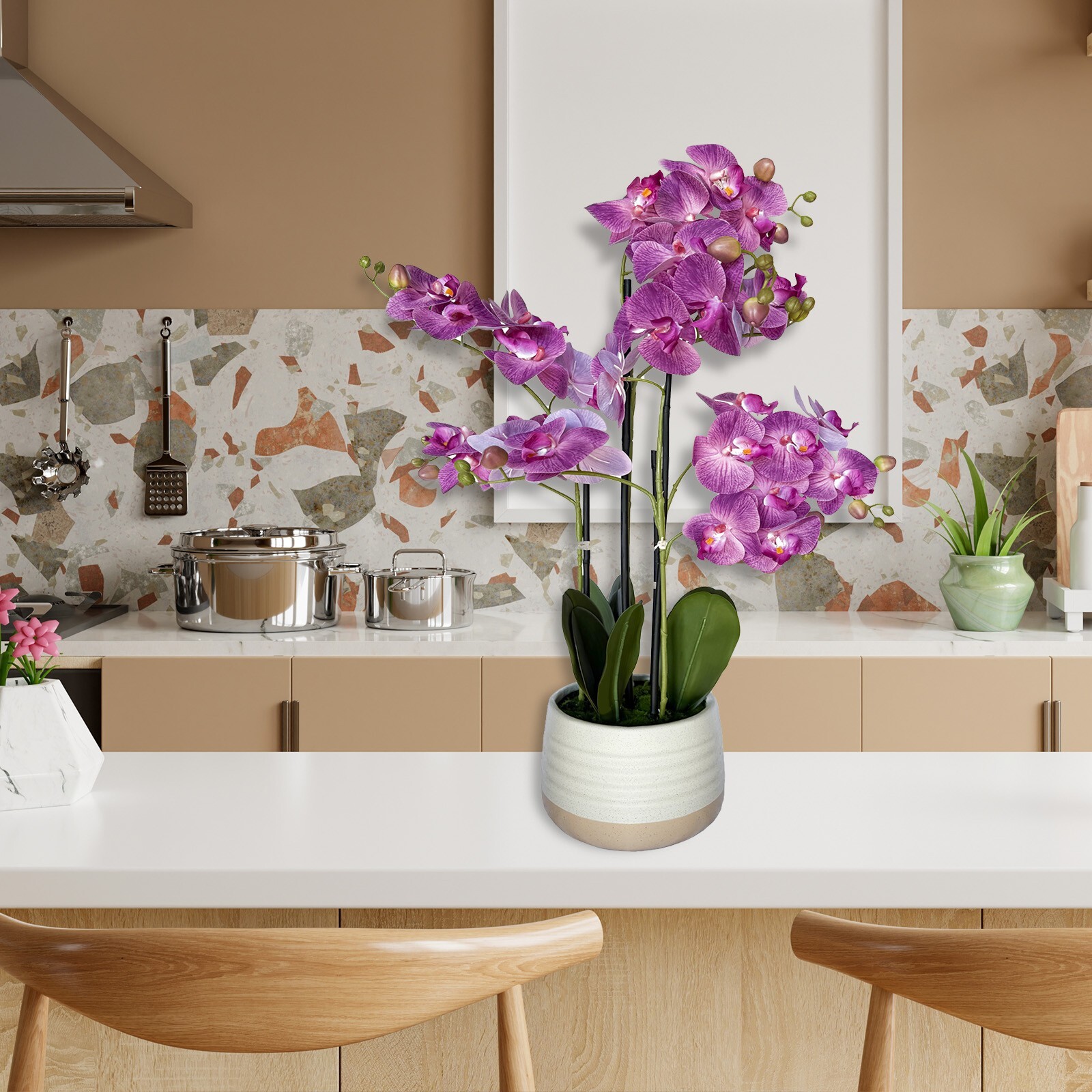 28″ Artificial Flowers Potted Faux Purple Orchid in Ceramic Pot Home Decor