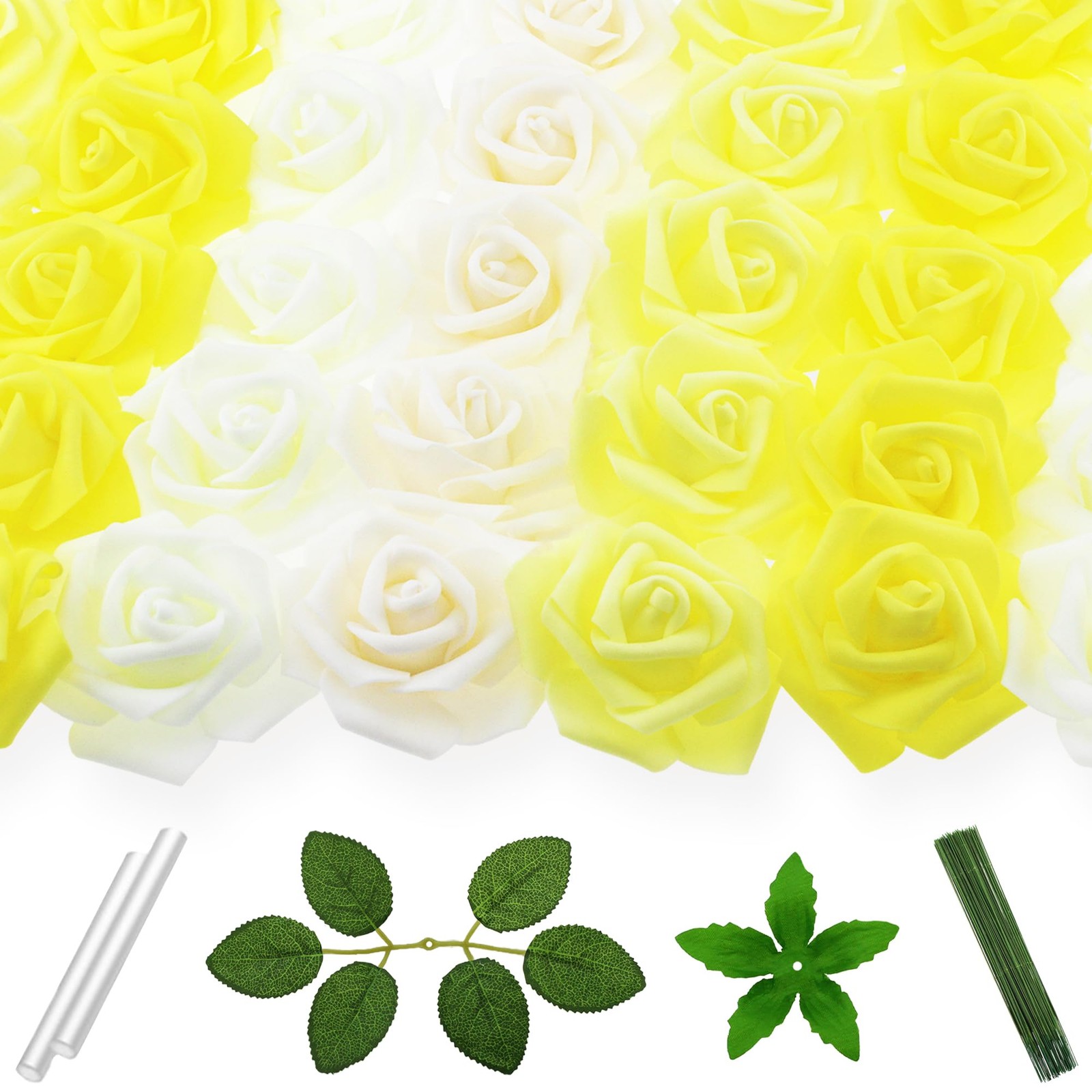 100 PCS 3 Inch Artificial Flowers Bulk Faux Foam Fake Rose Head Ivory Yellow