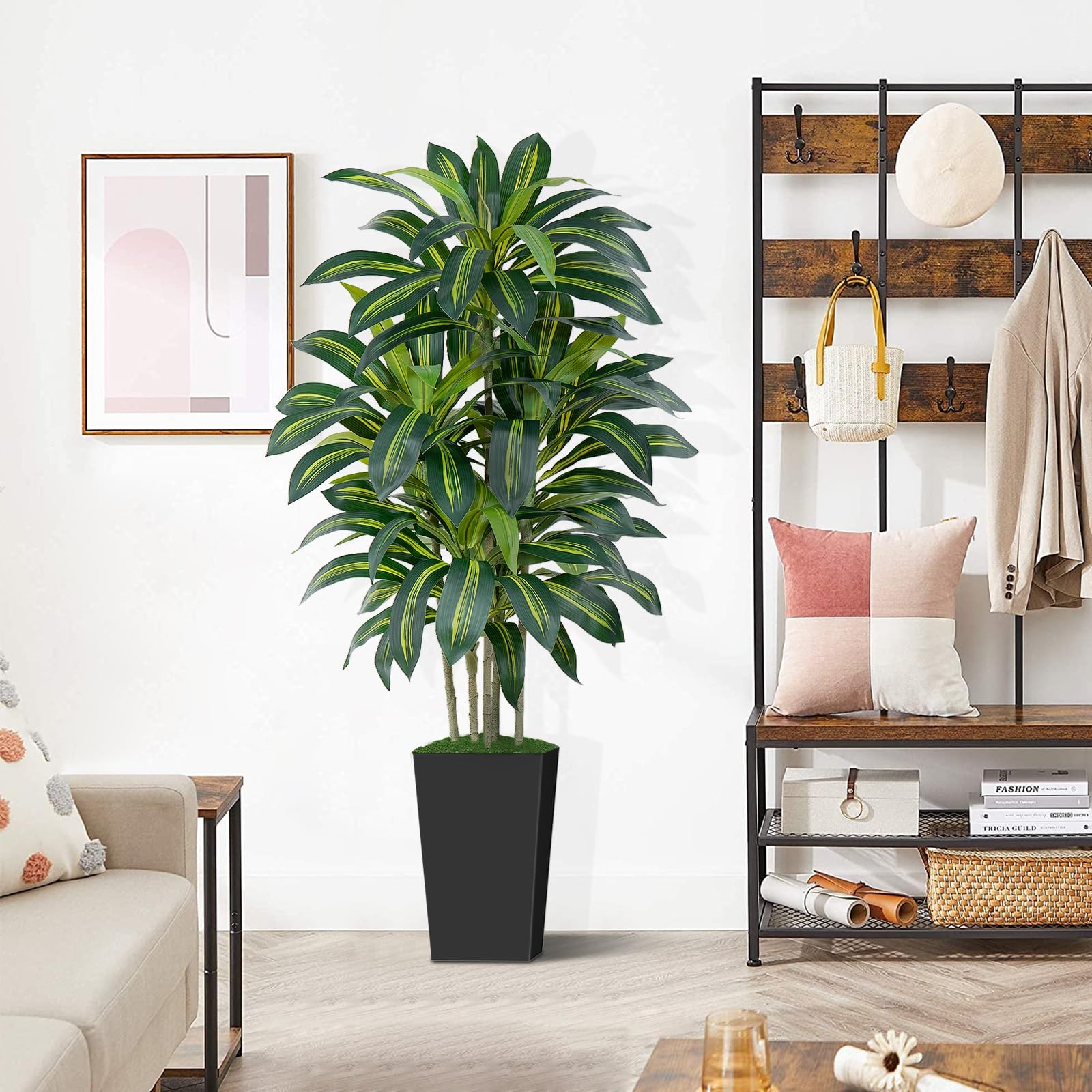 5FT Artificial Dracaena Tree – High-Density Foliage Fake Plant with Black Tal…
