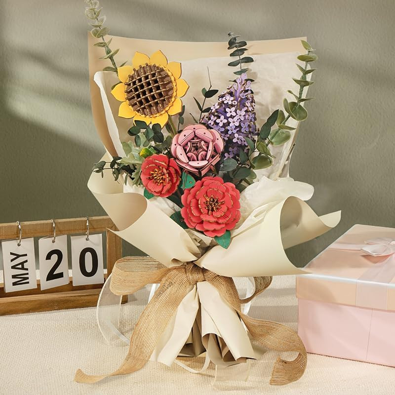 Forever Flowers Wooden Flower Bouquet Building Kit, Sunflower/Red Camellia/Pink