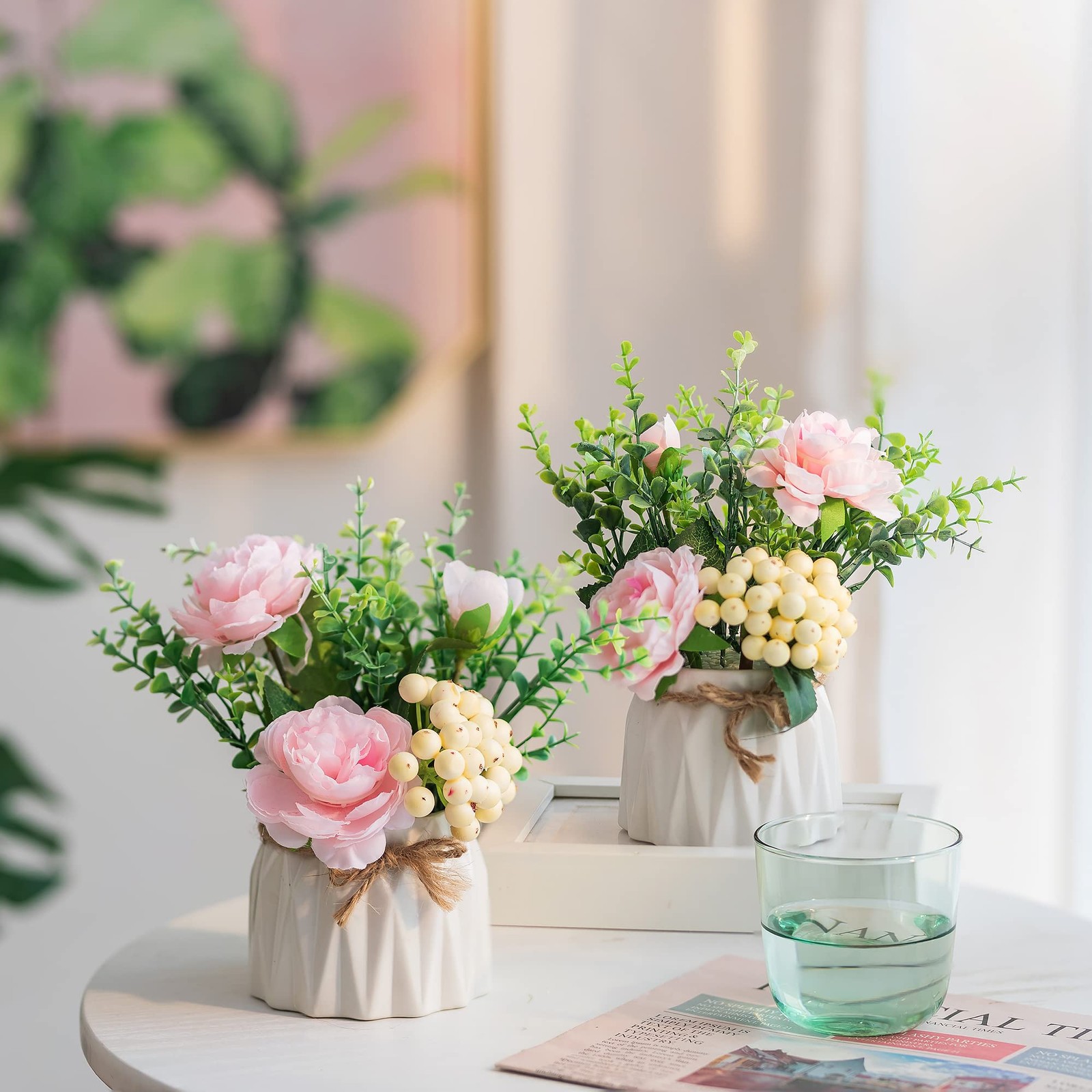BLOSMON Table Decor Artificial Flowers Vase Small Fake Pink Flower Arrangement 2